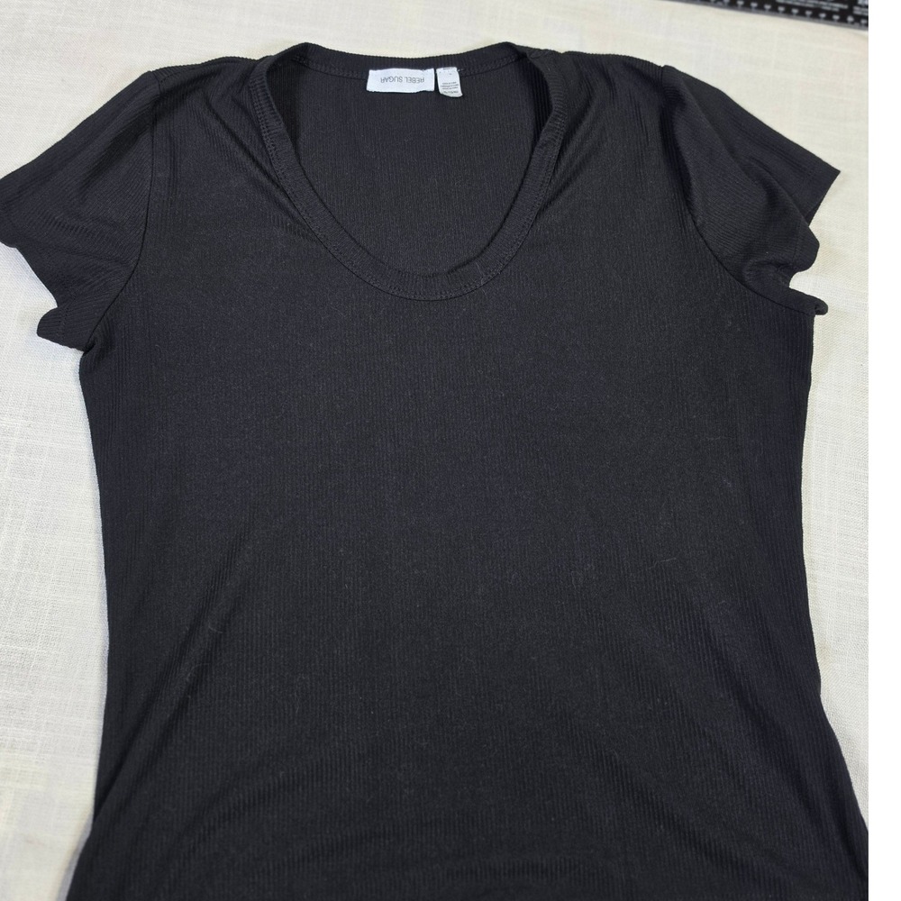 Rebel Sugar Black Ribbed Scoop Neck Short Sleeve Top XL R77407S3
